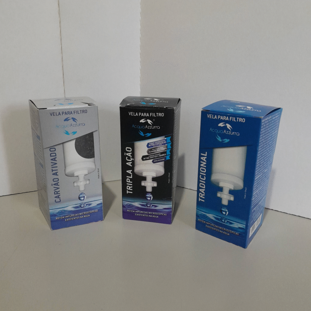 Fotografia de embalagens desenvolvidas sob medida para velas de filtro